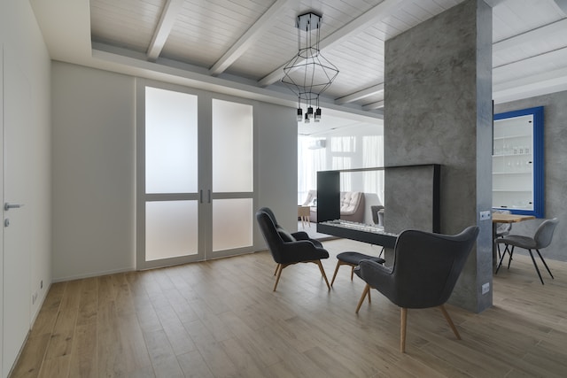 a living room with a couch, chairs and a fireplace